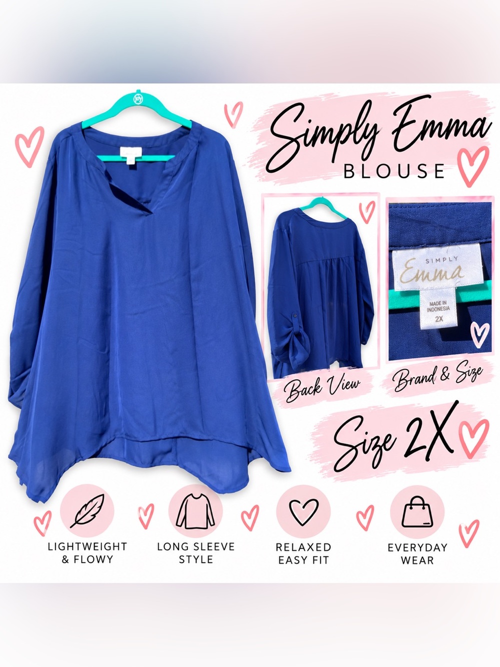 Simply Emma Royal Blue Flowy Blouse Size 2X Long Sleeve